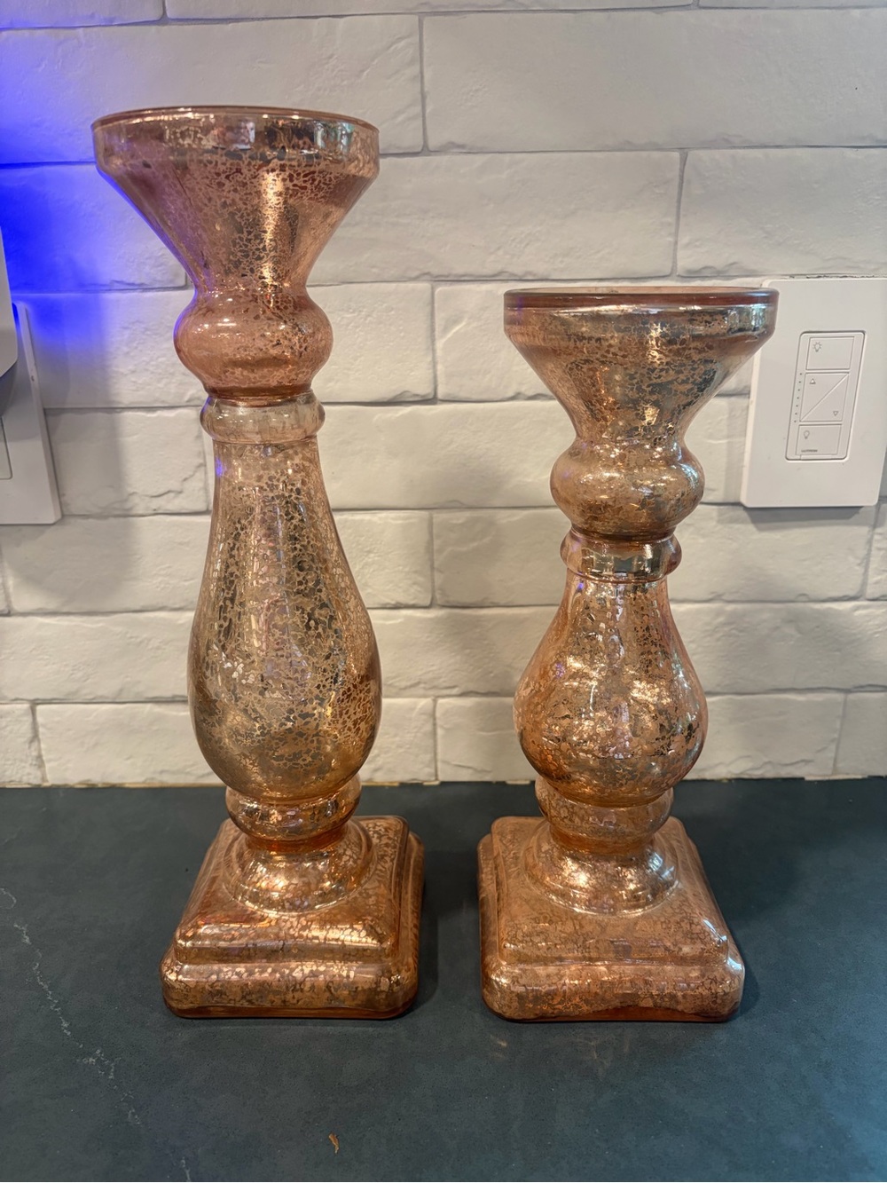Rose Gold Mercury Glass pillar Candle Holders Pair